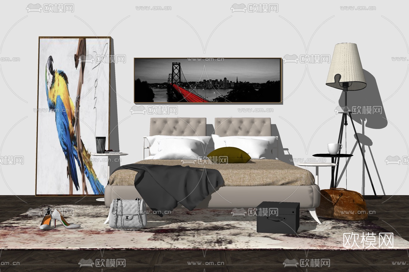 现代布艺双人床su模型下载