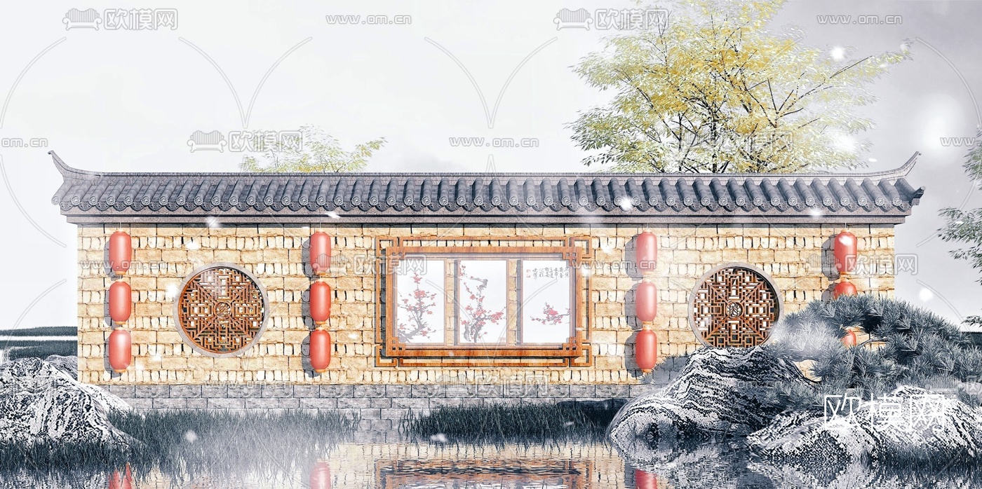 中式影壁墙景观墙3d模型下载