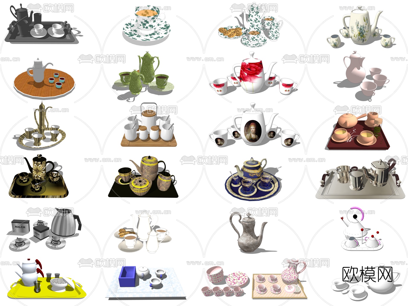 现代茶壶茶杯茶具su模型下载