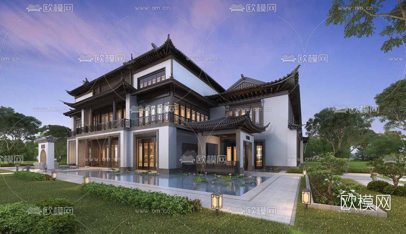 新中式独栋别墅外观3d模型下载_ID10055342_3dmax免费模型-欧模网