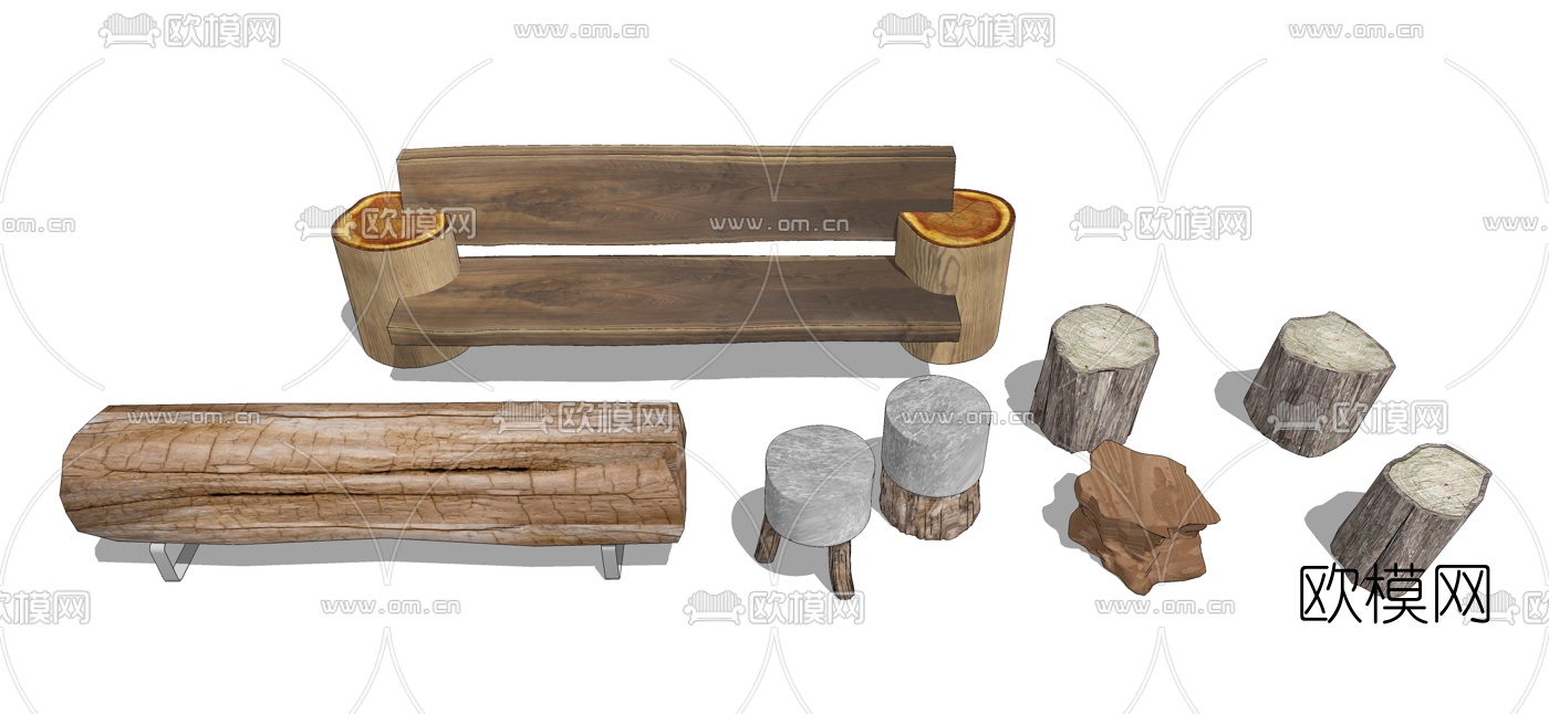 新中式原木石头凳子座椅su模型下载