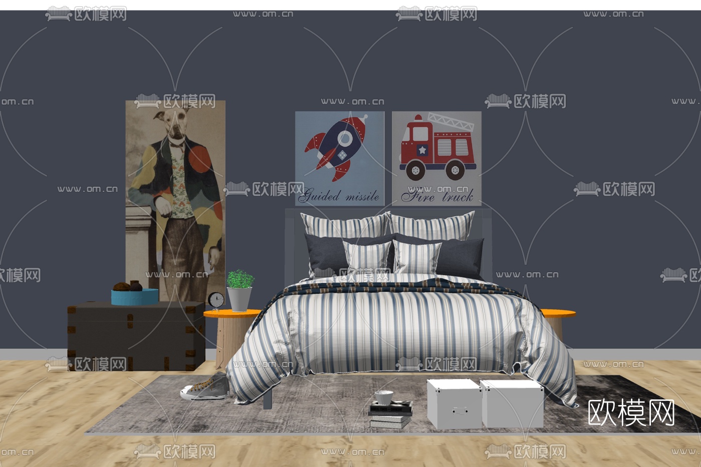 现代布艺双人床su模型下载