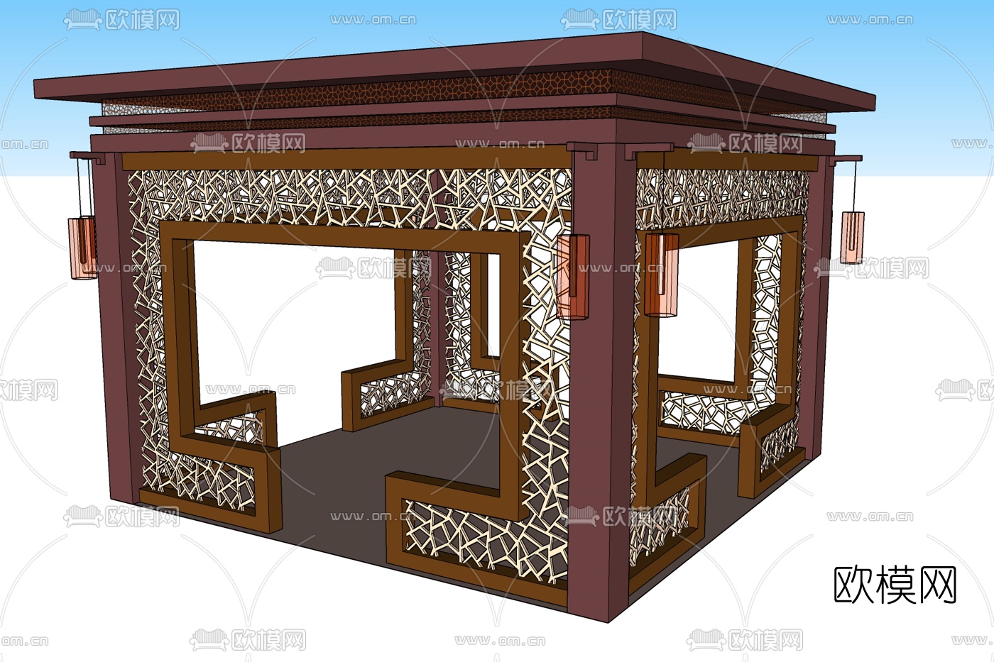 新中式实木凉亭免费su模型下载