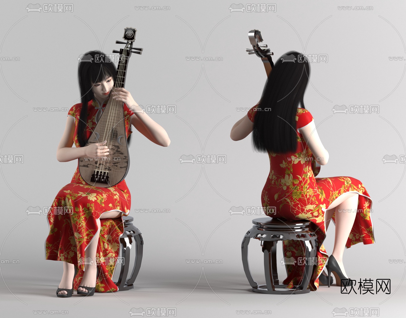 现代弹琵琶女性人物3d模型