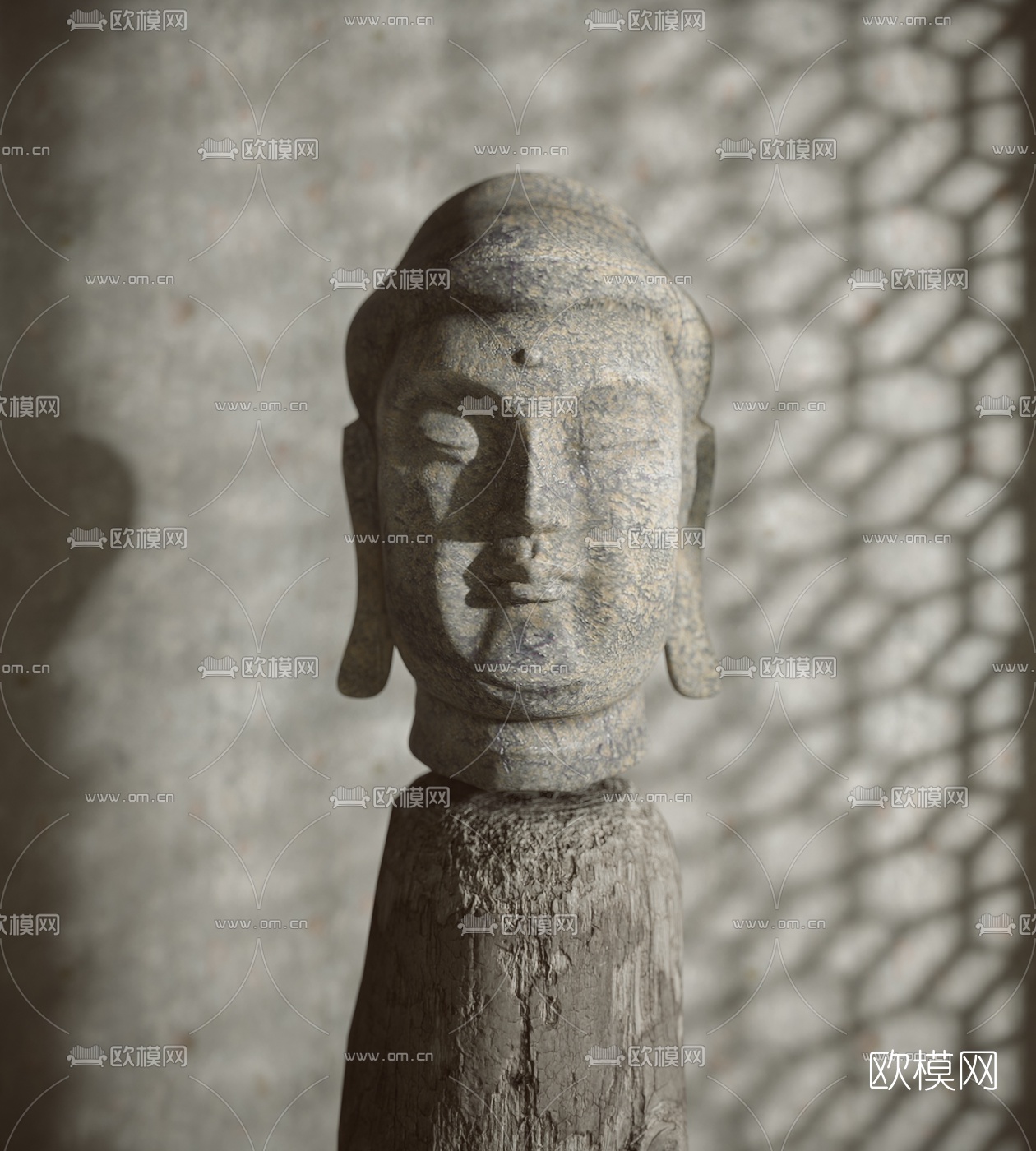 中式禅意佛头雕塑3d模型下载（渲染图1）