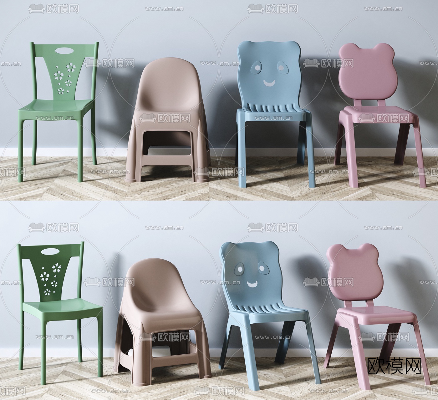 现代儿童卡通塑料椅子矮凳组合3d模型下载