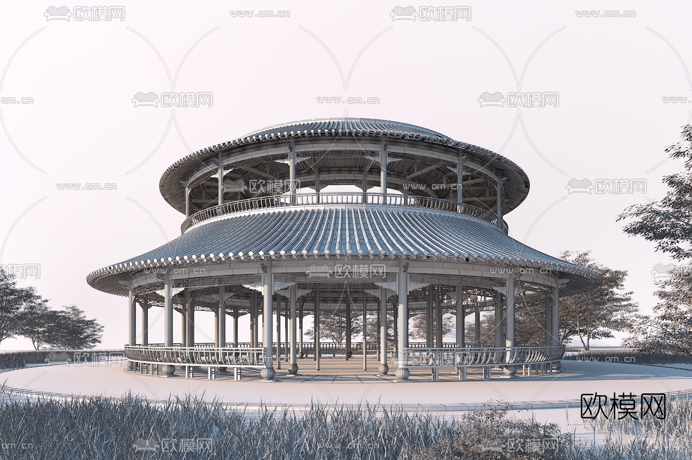 中式古建圆形回廊3d模型下载（渲染图2）