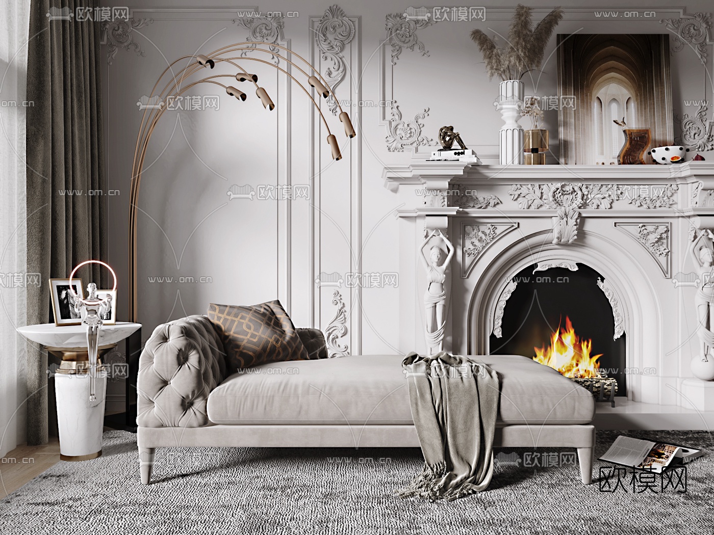 法式布艺贵妃椅3d模型下载（渲染图1）