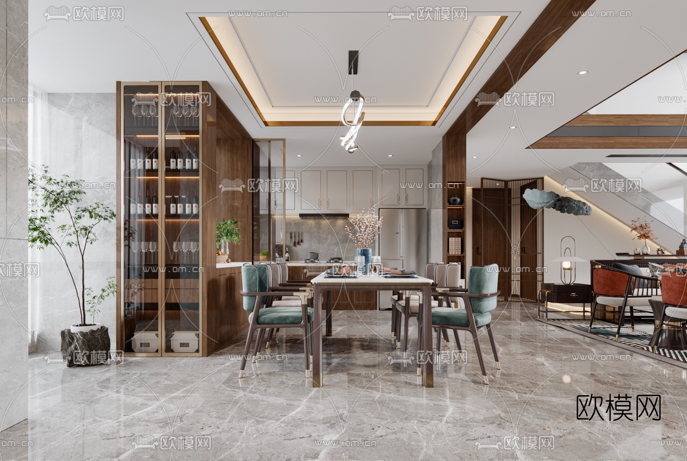 新中式别墅客厅餐厅3d模型