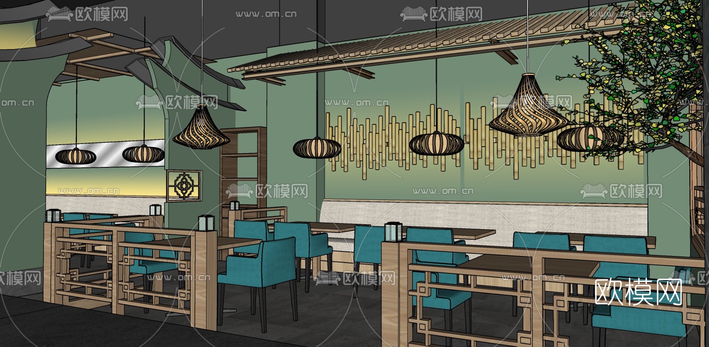新中式中餐厅su模型下载（渲染图1）