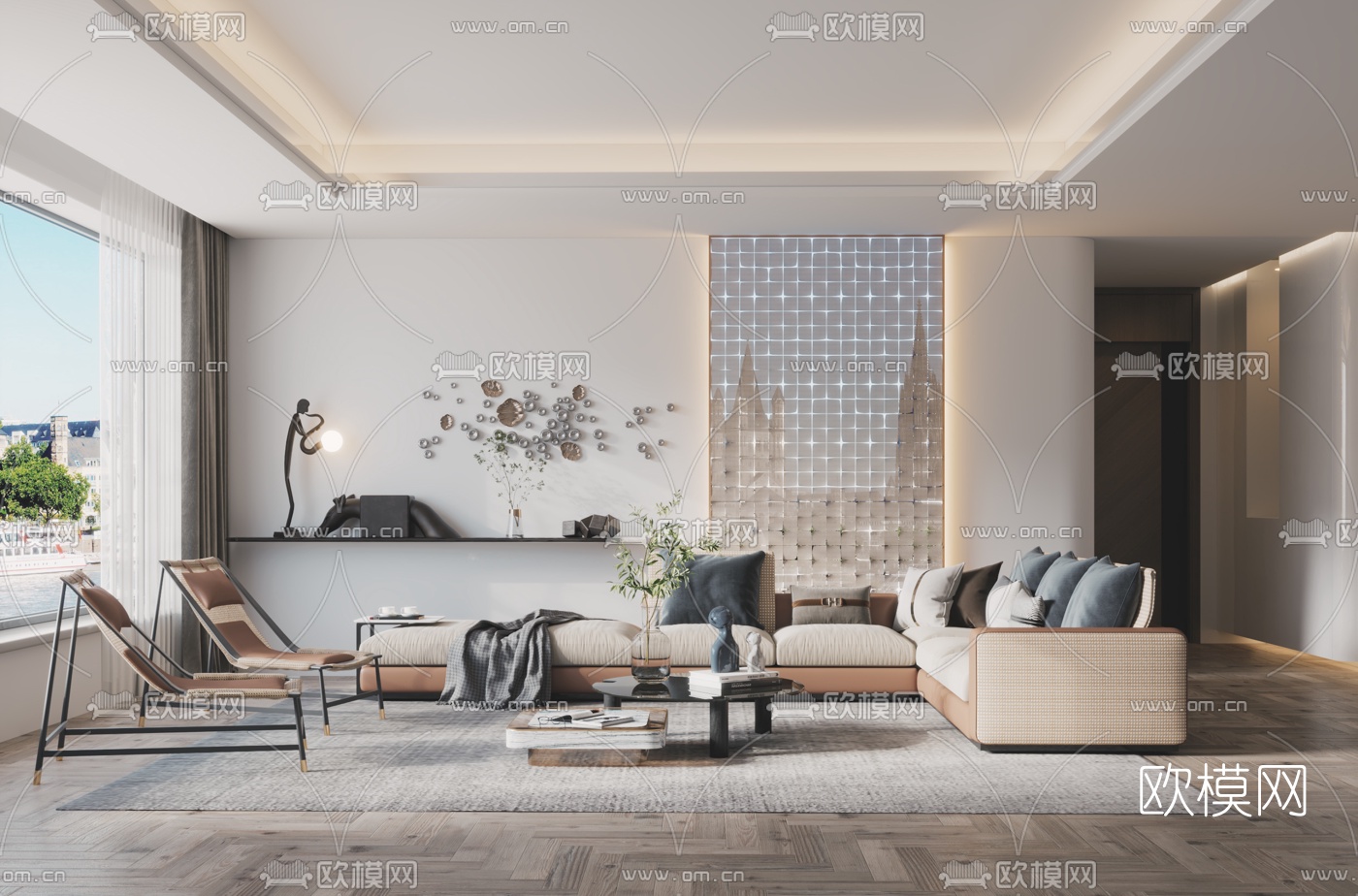 现代布艺转角沙发组合3d模型