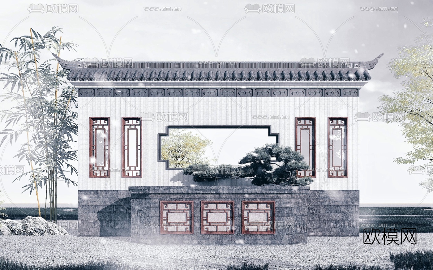 中式影壁墙景观墙3d模型