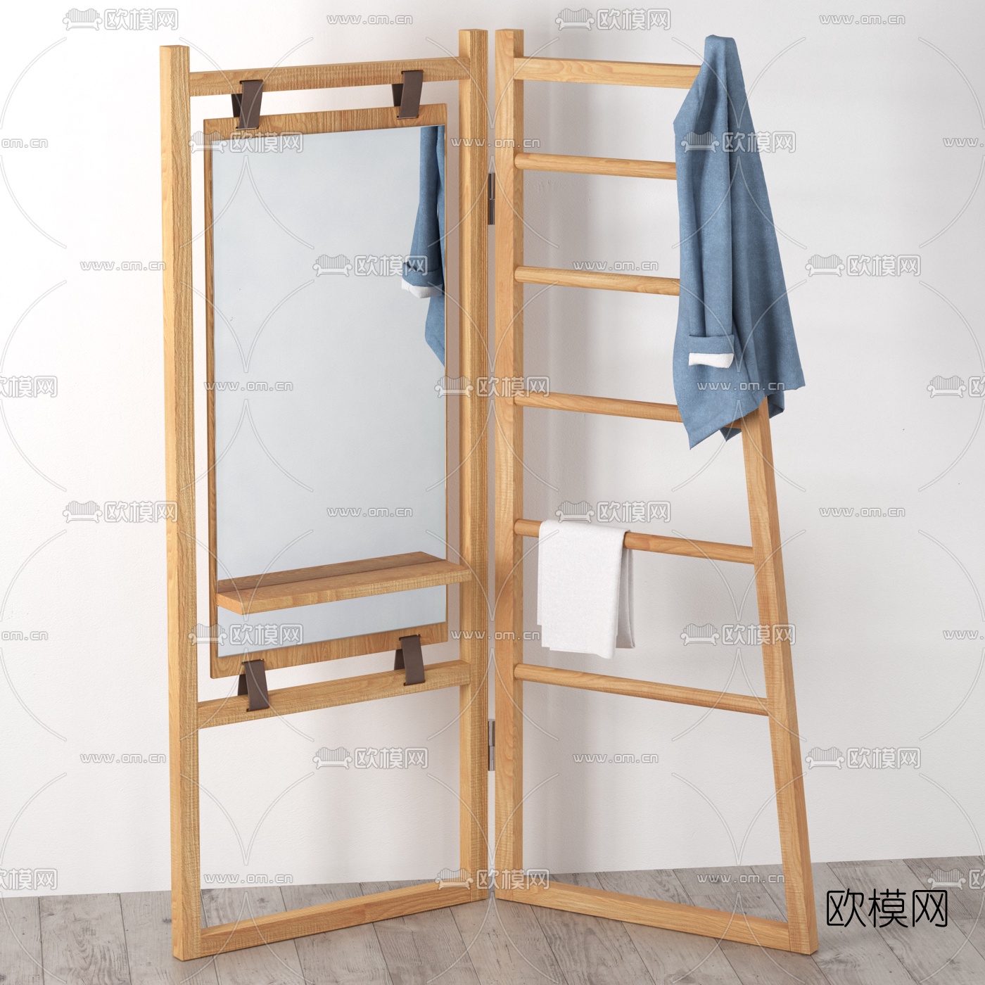 北欧实木衣帽架试衣镜3d模型下载（渲染图2）