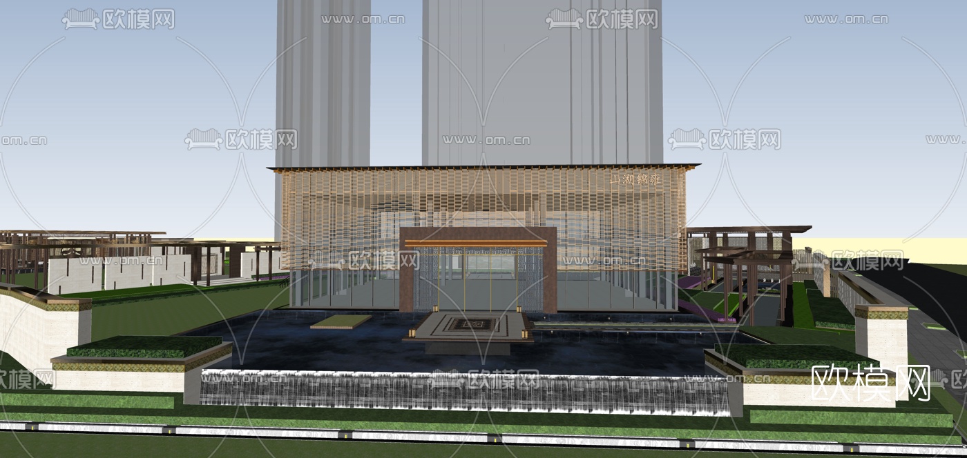 新中式售楼处外观su模型下载（渲染图1）