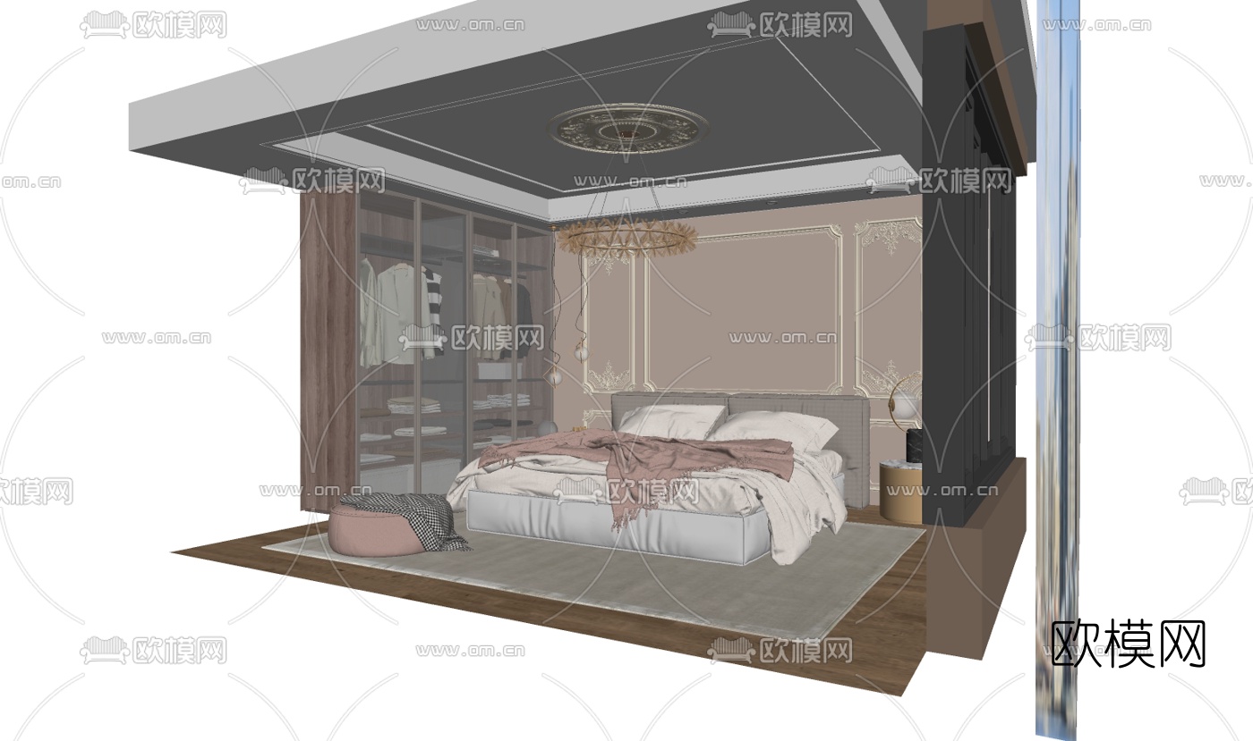 现代布艺双人床su模型下载