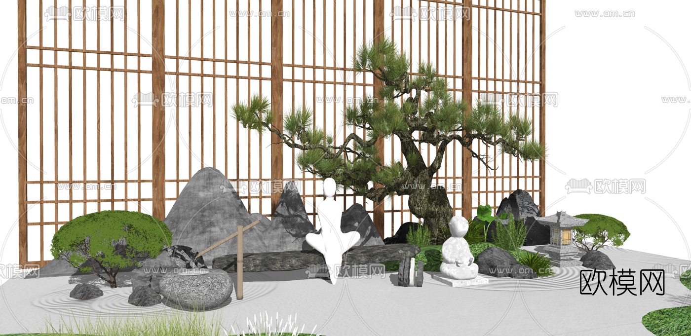 新中式假山佛像松树景观小品su模型