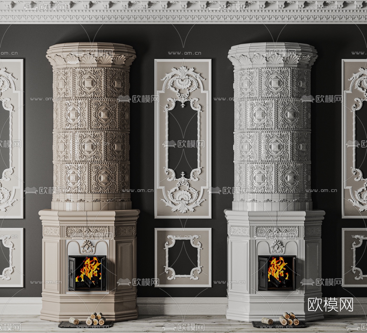 欧式雕花石膏线壁炉3d模型下载