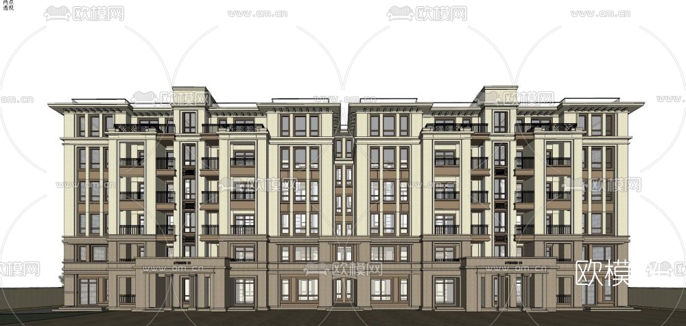 新中式连排洋房外观su模型下载（渲染图1）