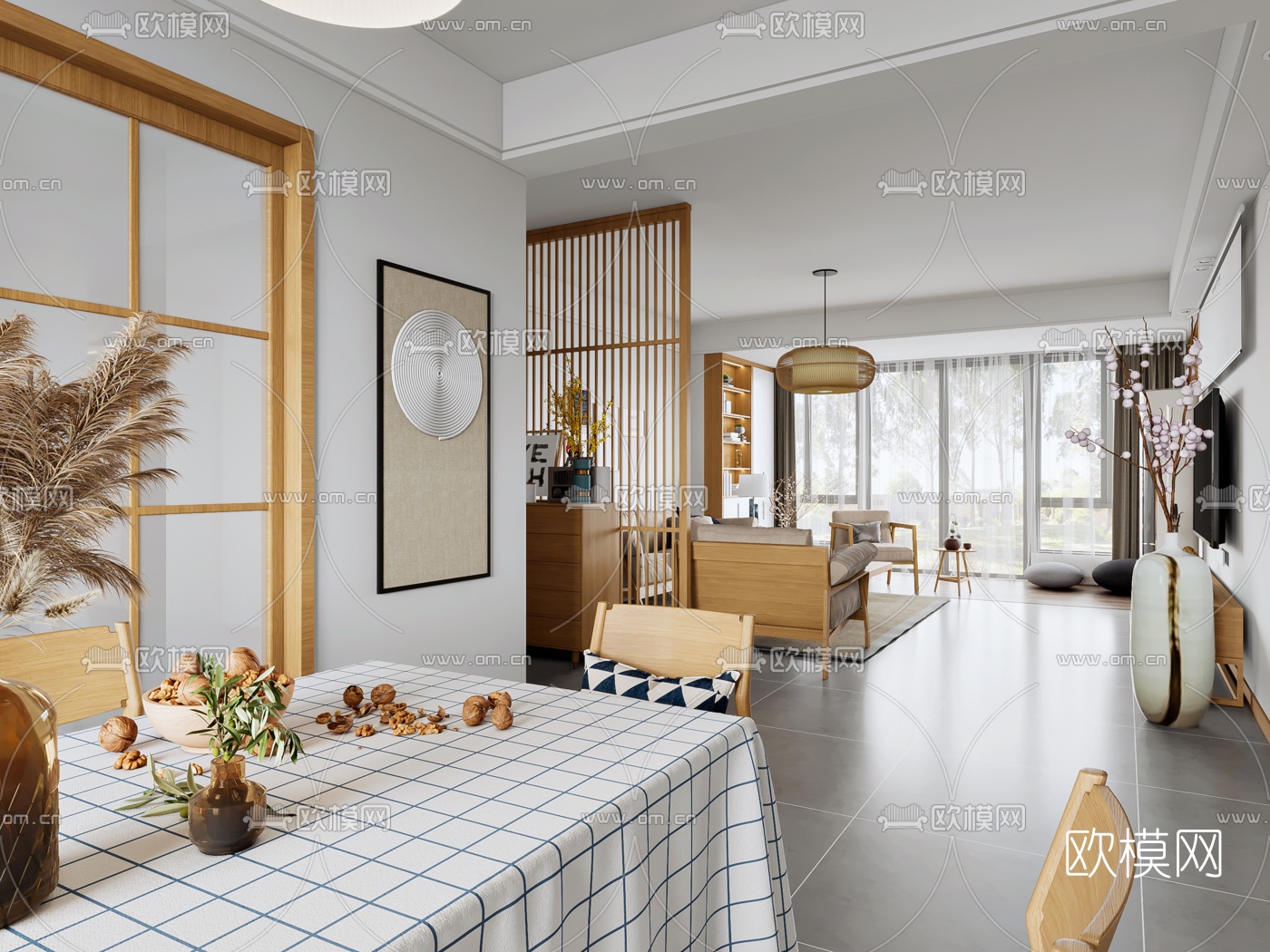 日式客厅餐厅3d模型下载（渲染图3）