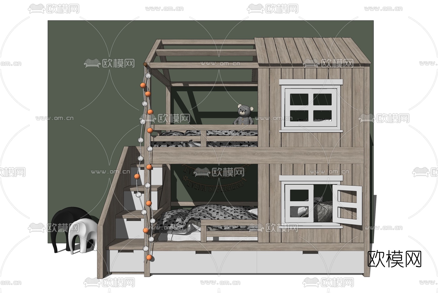 北欧儿童实木高低床su模型下载