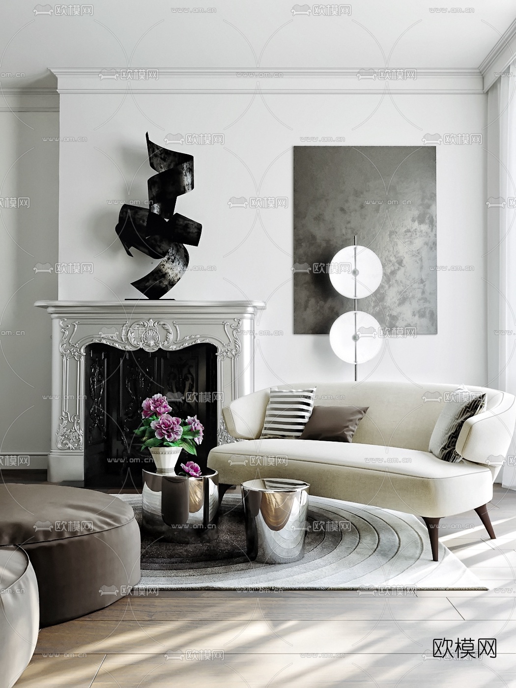 现代客厅沙发壁炉组合3d模型下载（渲染图1）