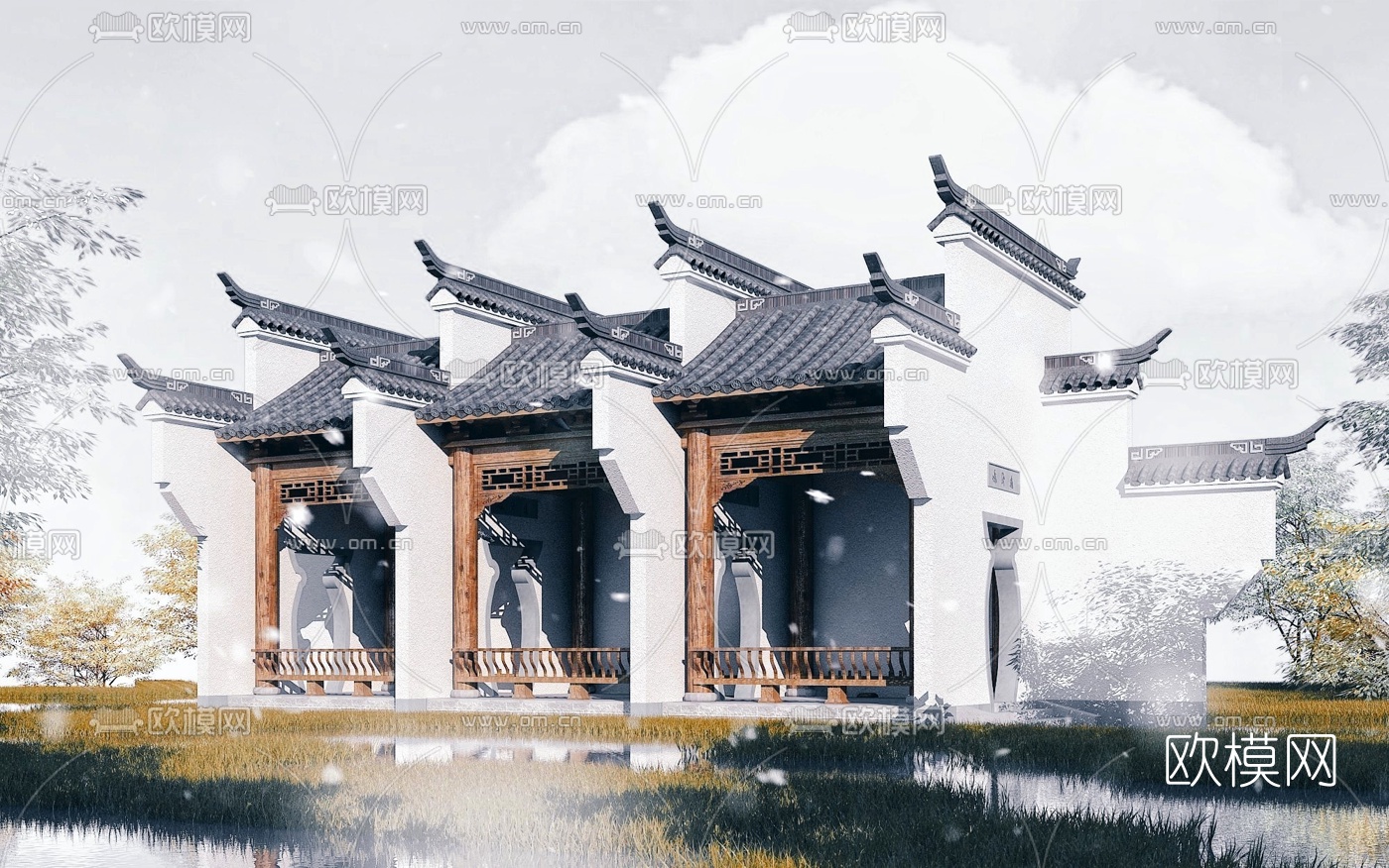 中式徽派景观长廊3d模型