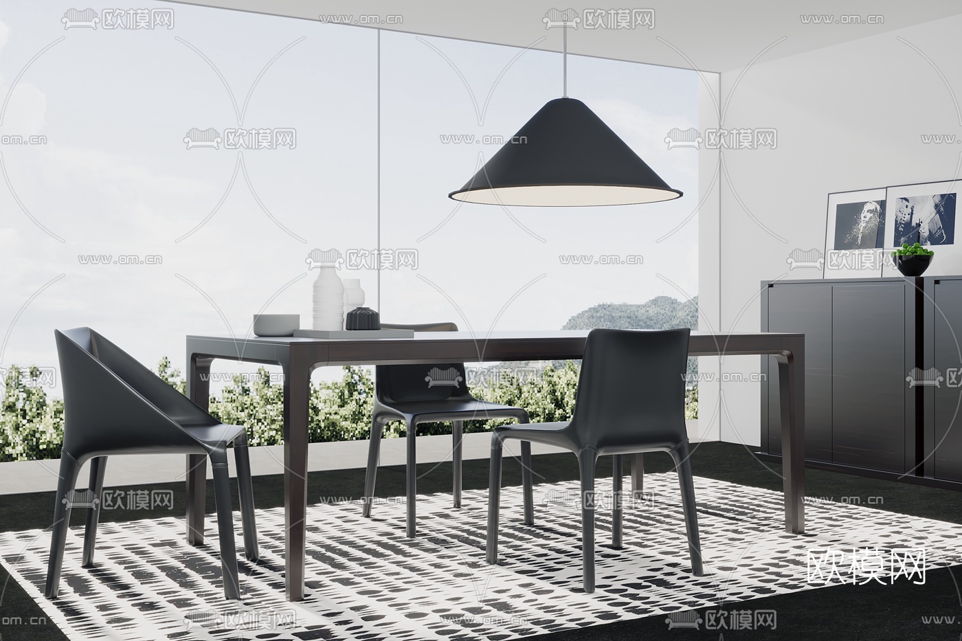 现代条形餐桌椅3d模型