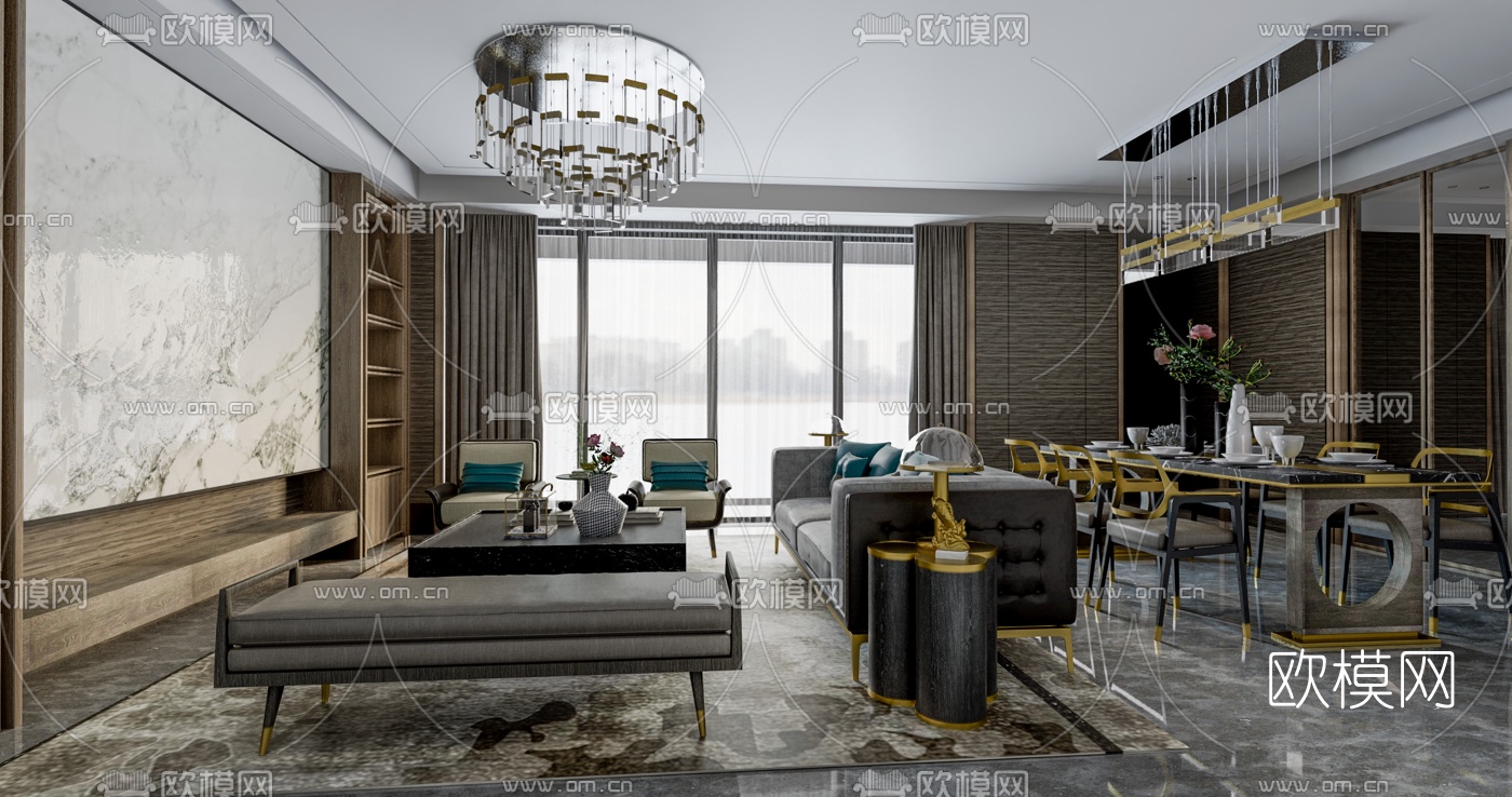 新中式轻奢客餐厅su模型下载