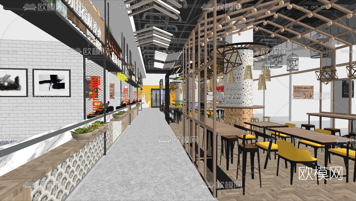 现代美食街快餐店su模型下载（渲染图2）