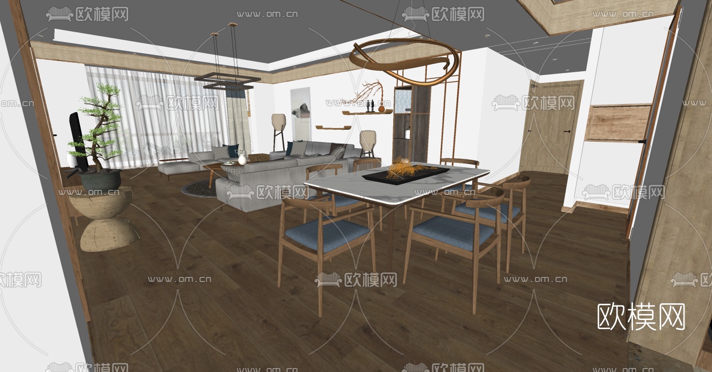 日式客厅餐厅su模型下载（渲染图2）