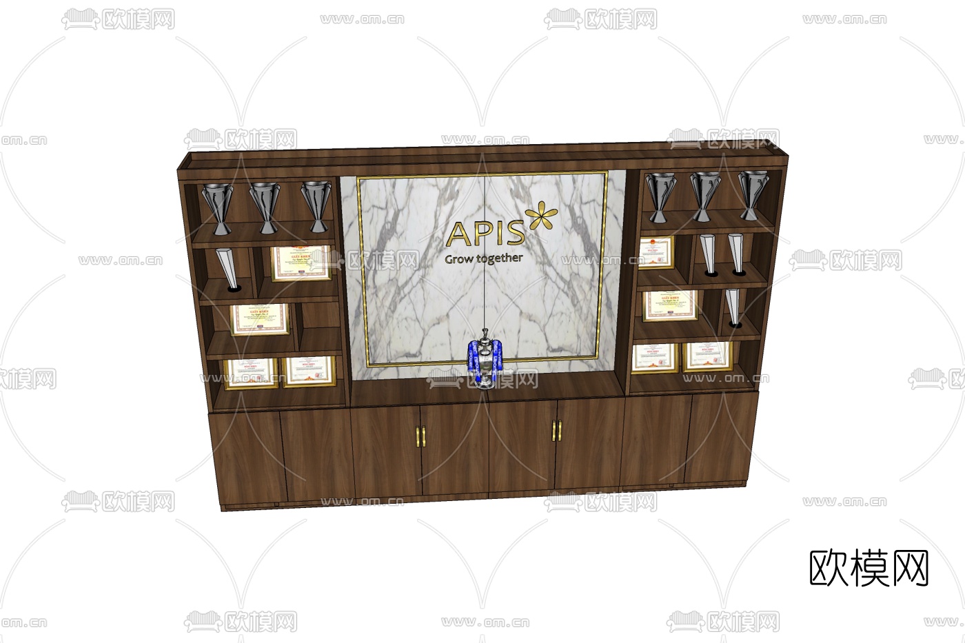 现代实木奖状奖杯装饰柜免费su模型下载