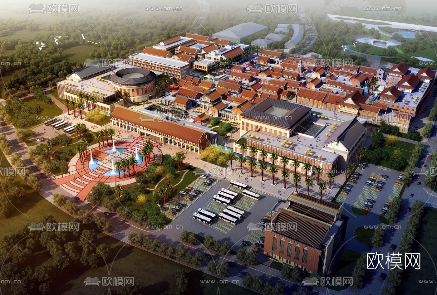 新中式商业街鸟瞰3d模型下载