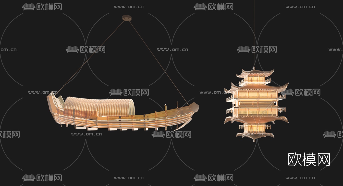 新中式飞檐楼宇小船装饰吊灯3d模型