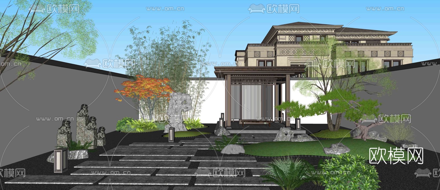 新中式庭院景观su模型