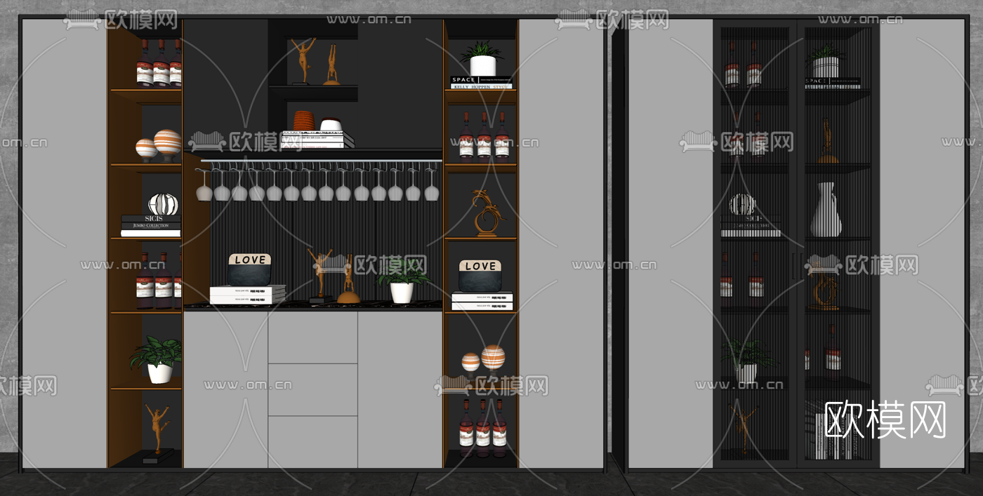 现代轻奢酒柜su模型下载（渲染图2）