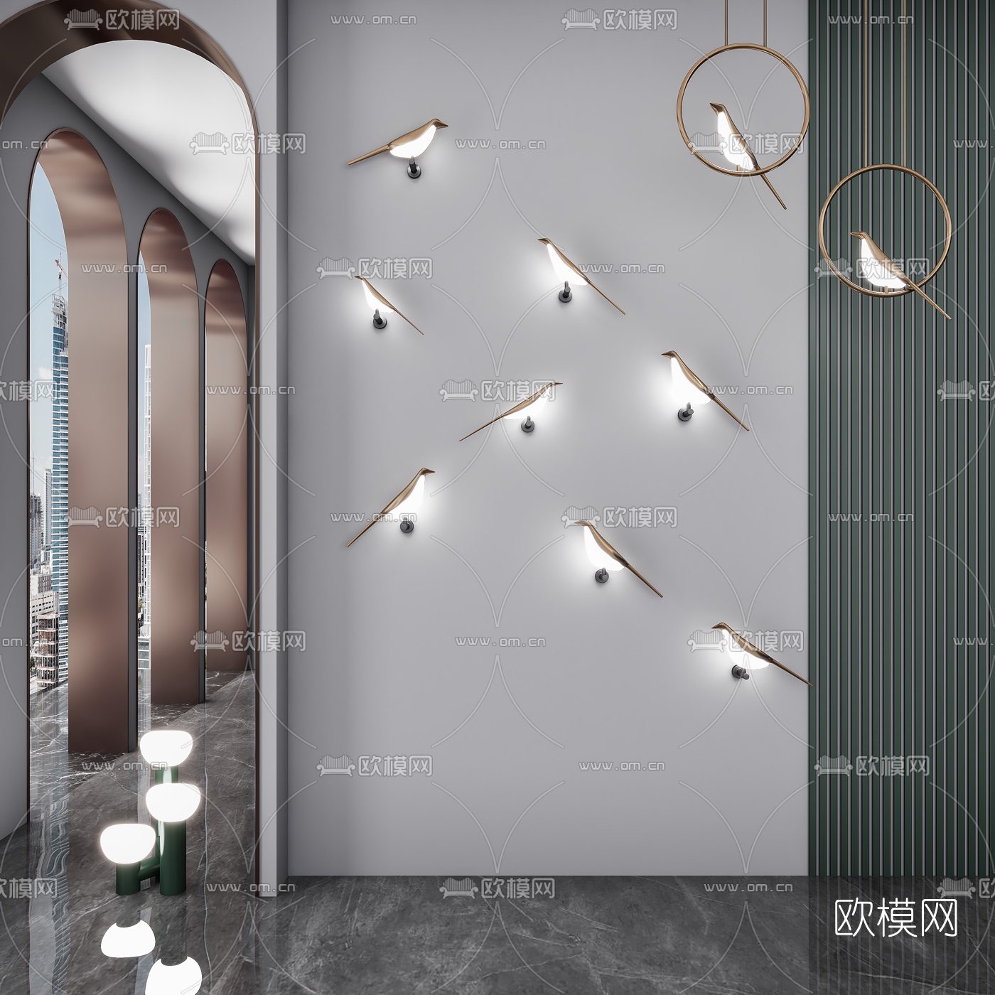 现代小鸟装饰壁灯3d模型下载（渲染图1）