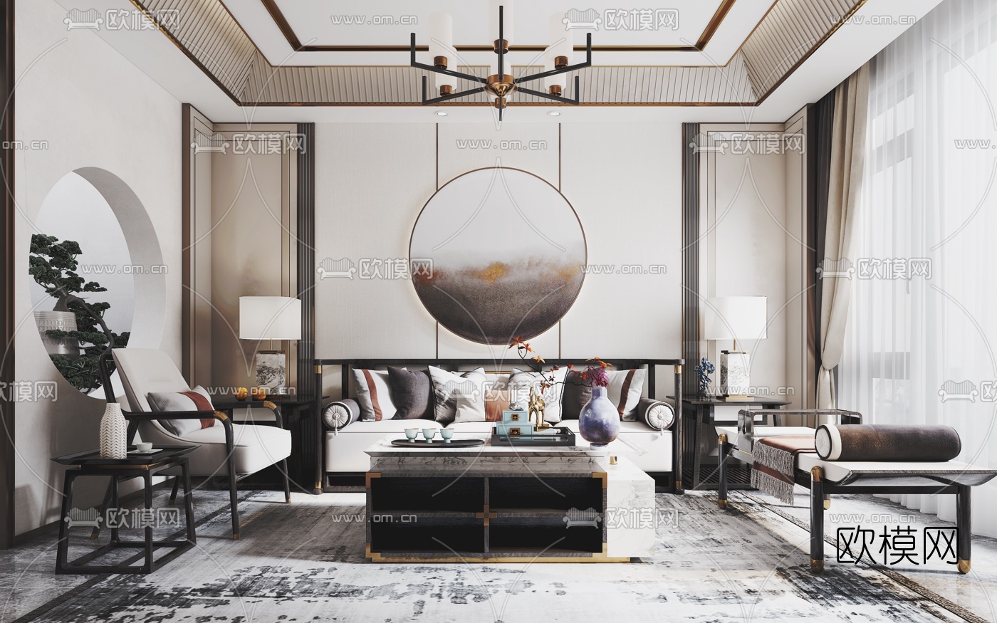 新中式布艺沙发组合3d模型下载