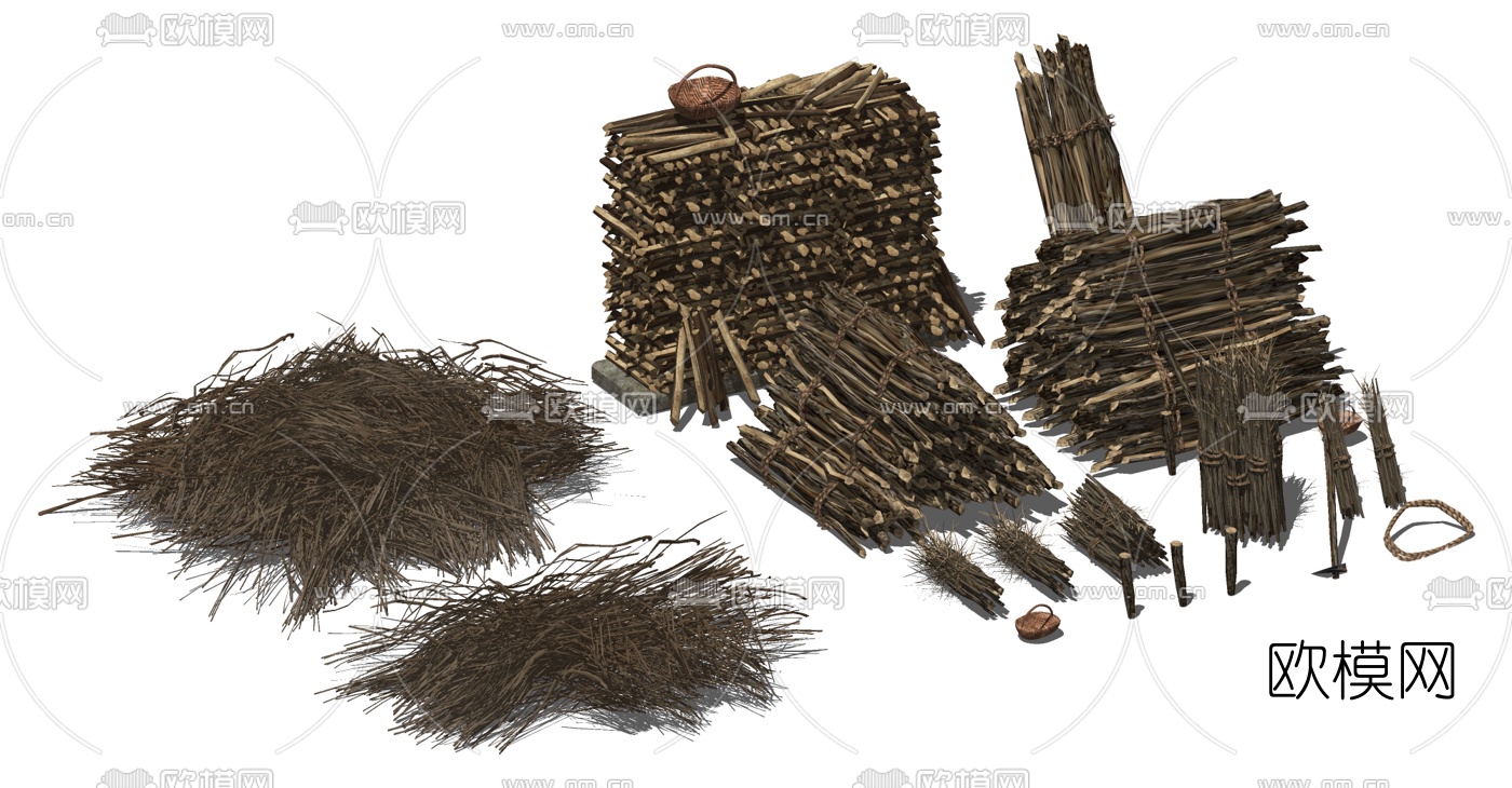 中式木头柴火堆茅草垛su模型下载（渲染图1）