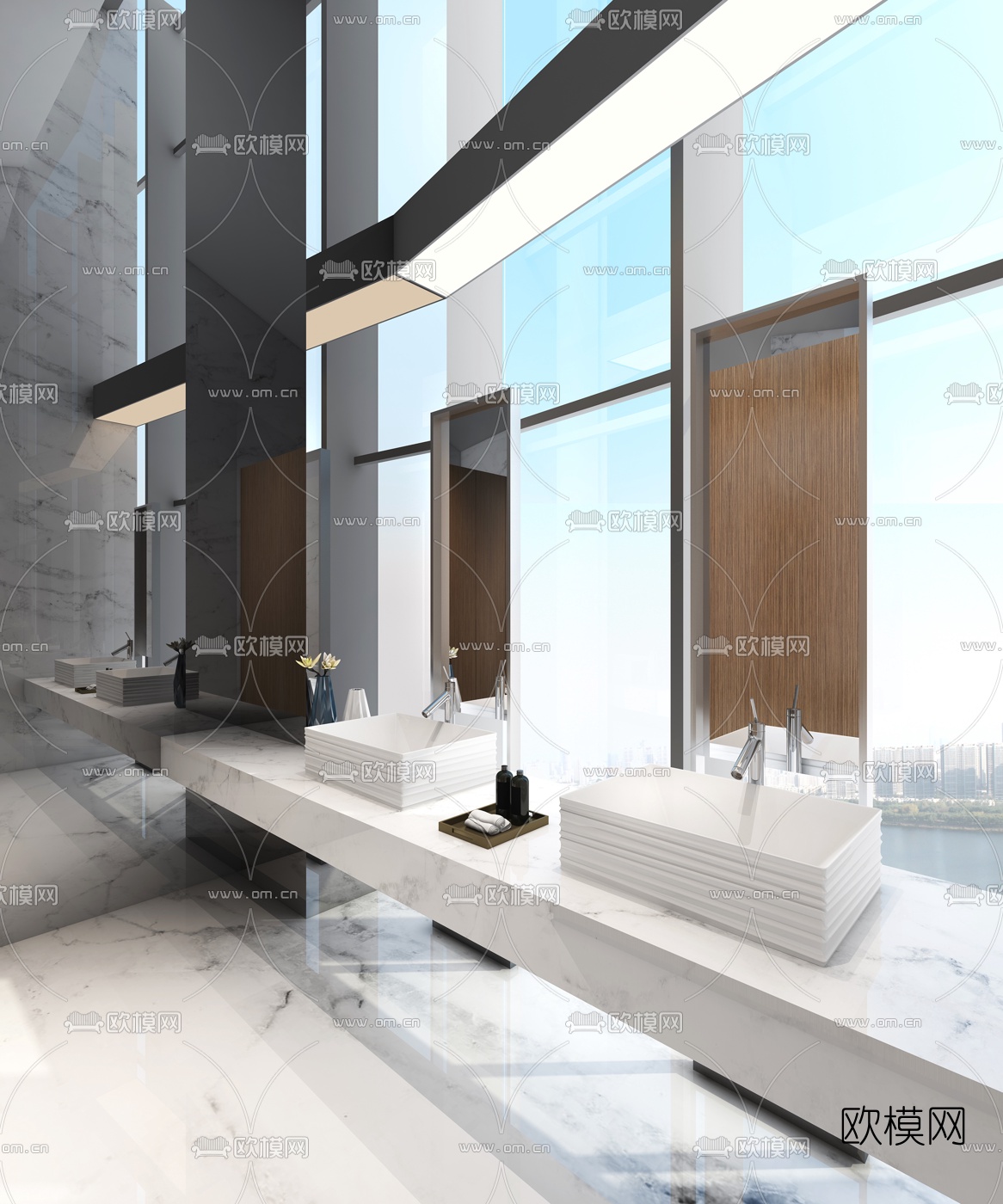 现代简约公共洗手间3d模型下载（渲染图2）