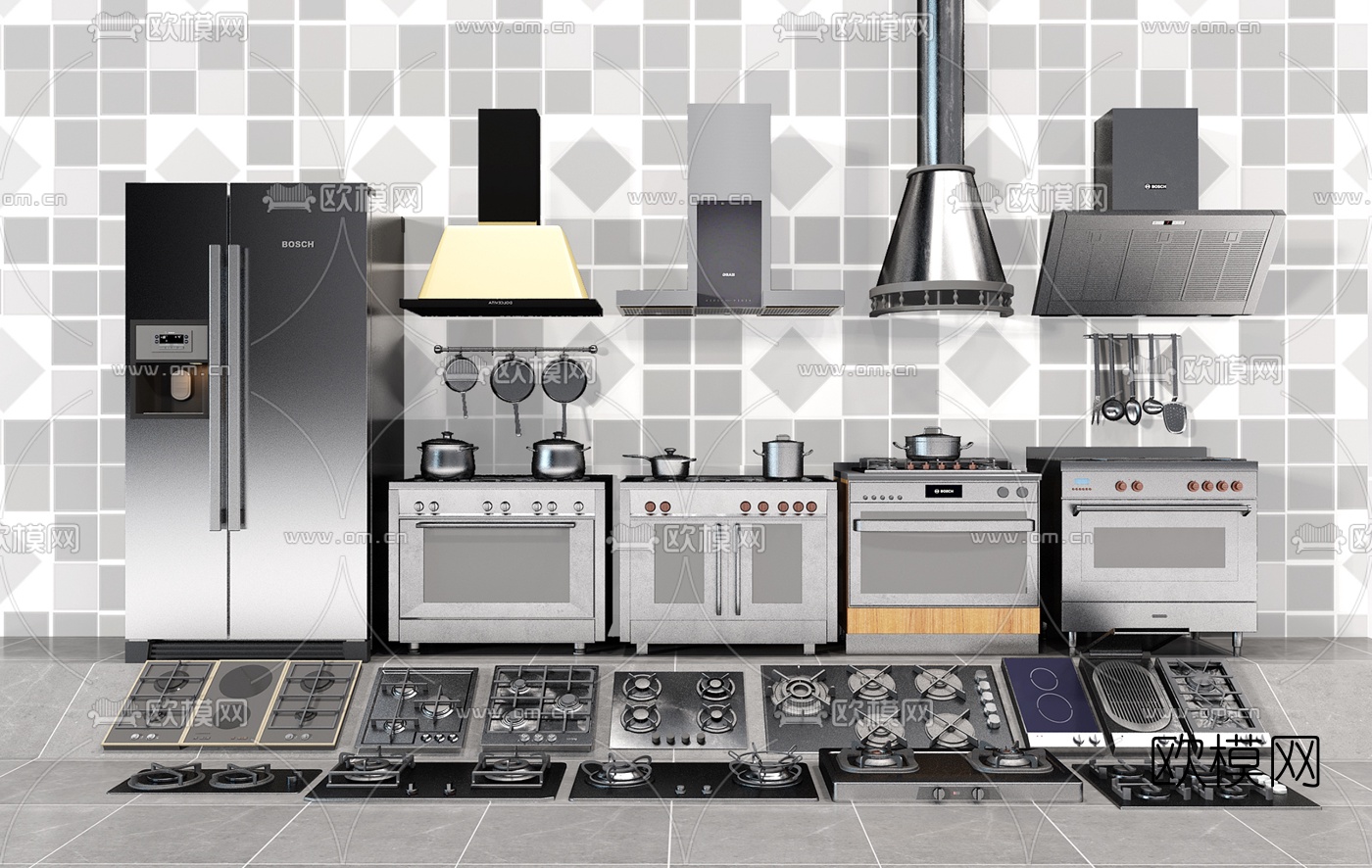 现代油烟机煤气灶集成灶su模型下载（渲染图1）