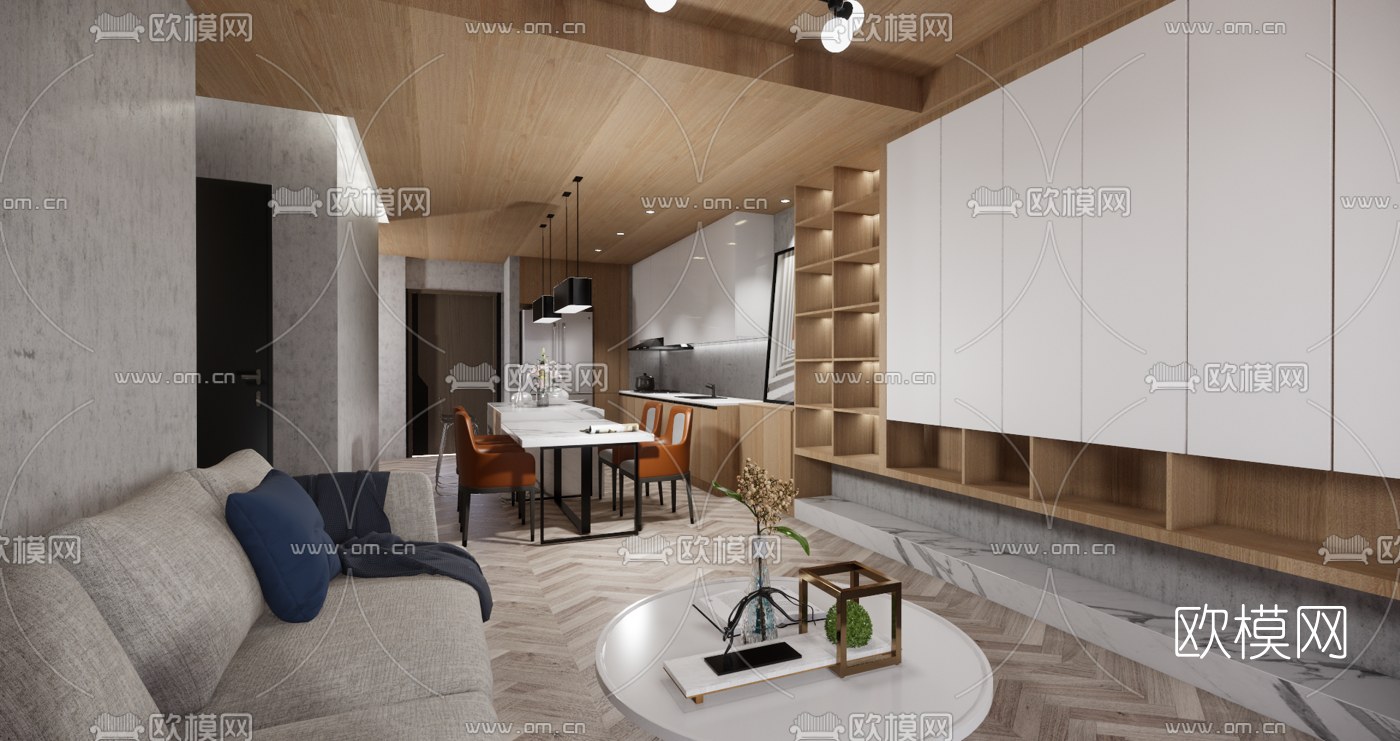 北欧原木客餐厅su模型下载（渲染图4）