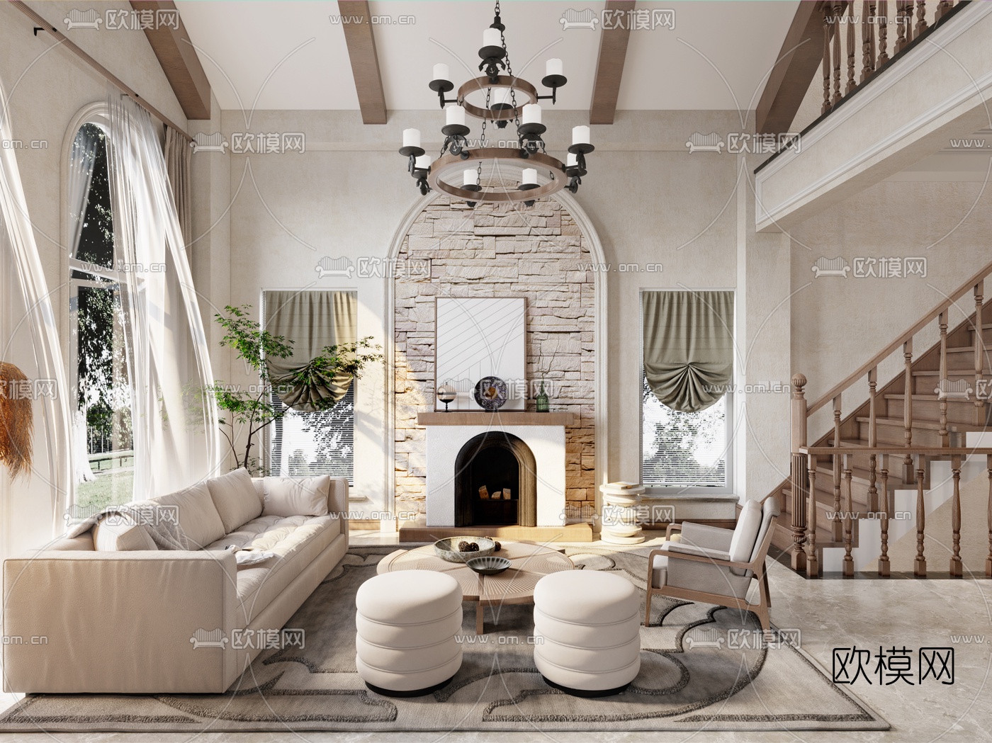 美式别墅客厅卧室3d模型下载（渲染图1）