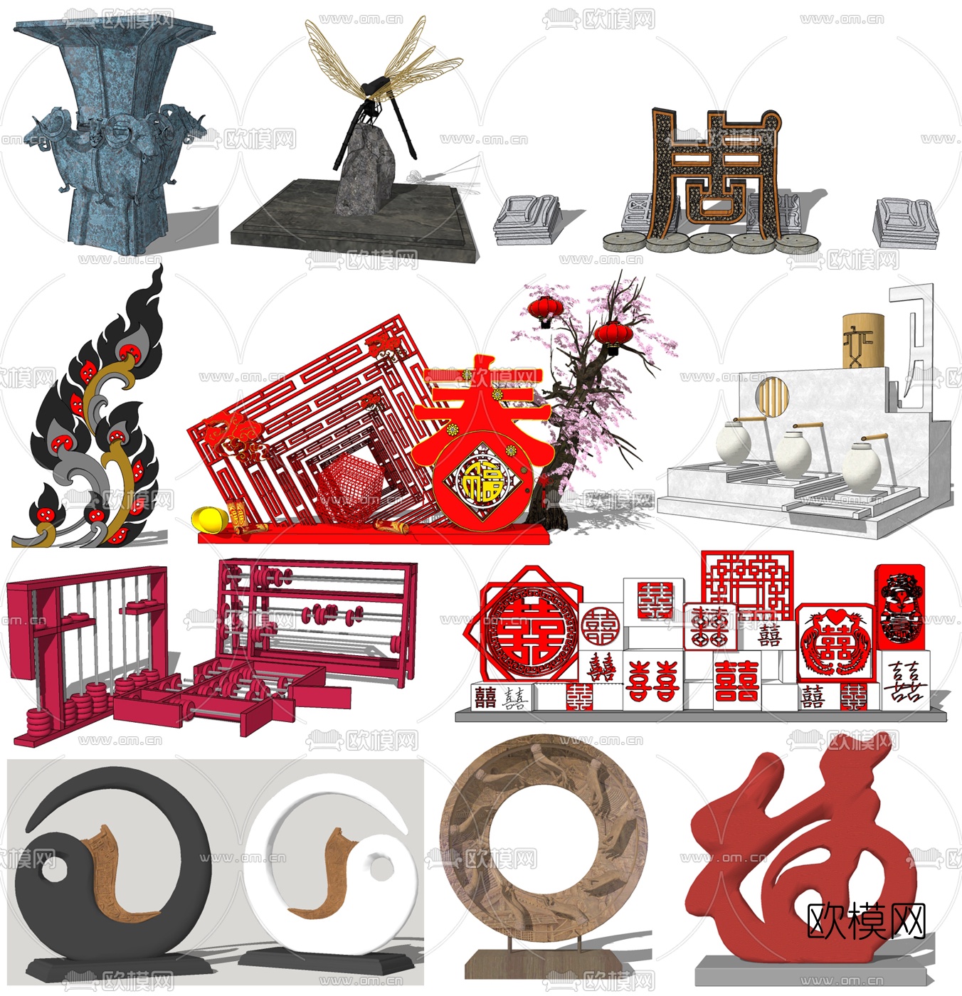 新中式园林雕塑su模型下载