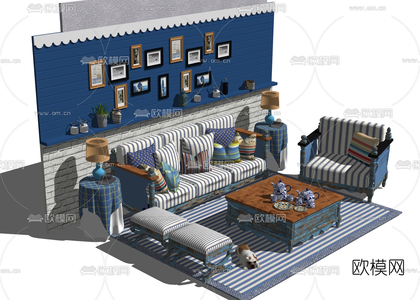 工业风布艺沙发组合su模型下载（渲染图2）