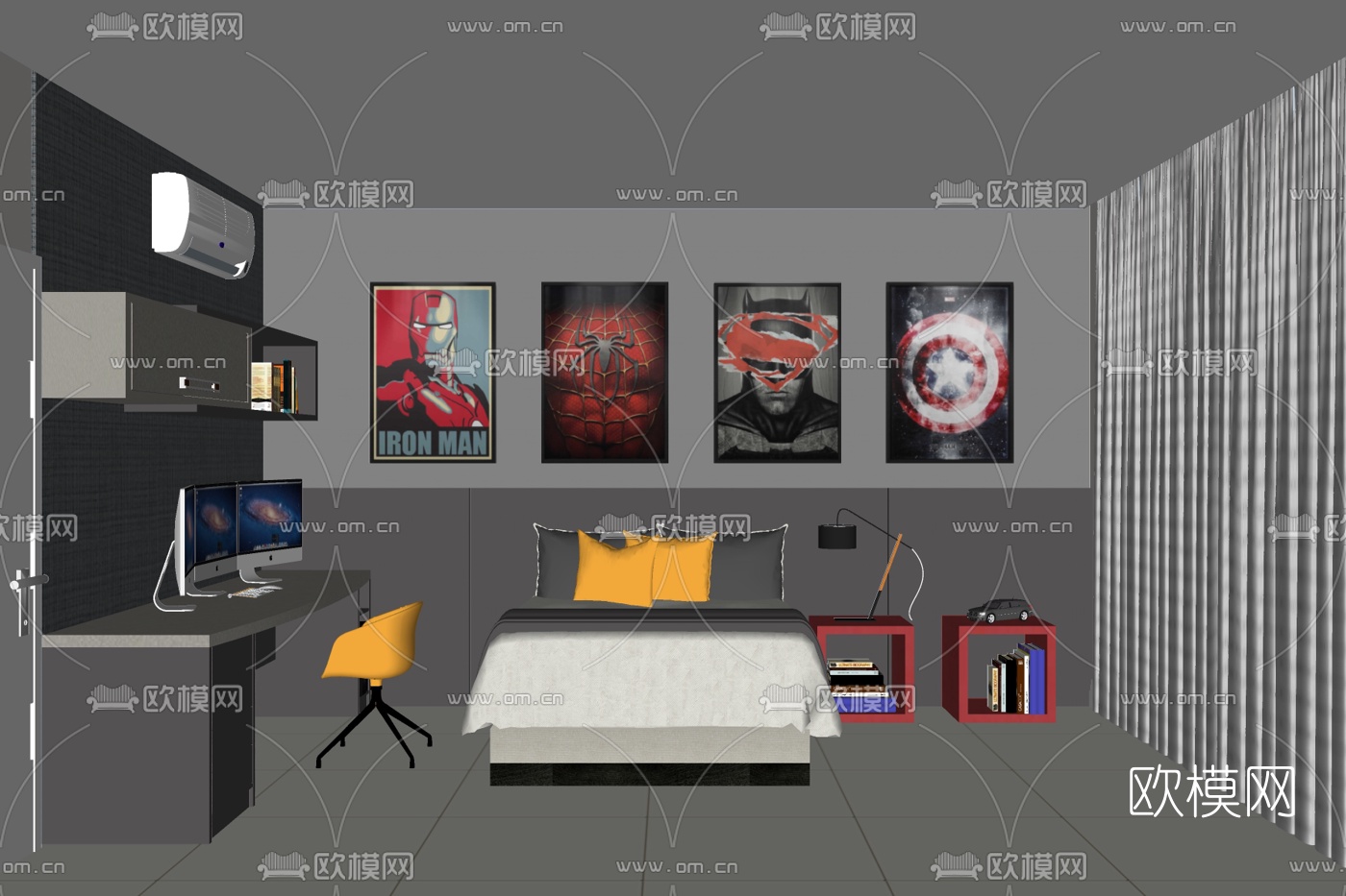 现代布艺双人床su模型下载