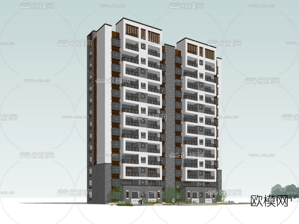 中式高层住宅建筑外观su模型下载（渲染图1）