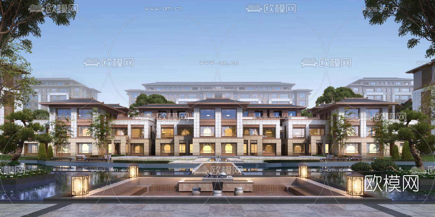 新中式联排别墅建筑外观3d模型下载_ID10172984_3dmax免费模型-欧模网