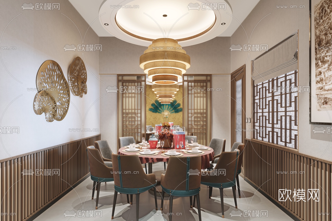新中式餐厅包房3d模型下载（渲染图1）