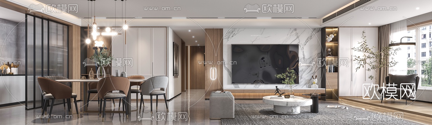 现代简约客厅餐厅3d模型