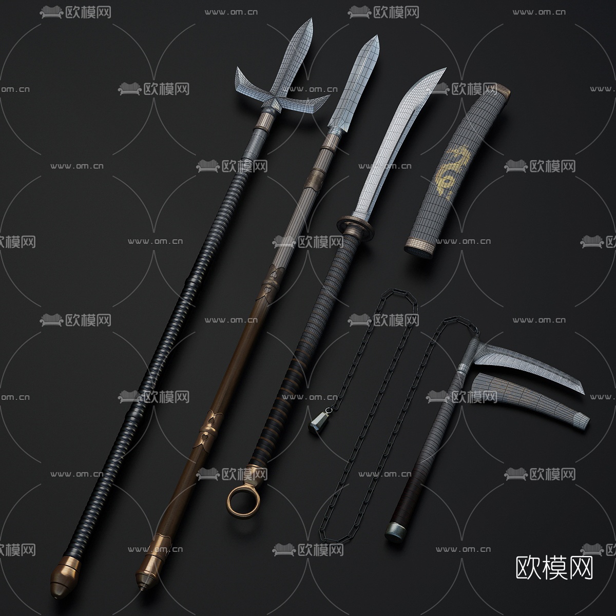 中式冷兵器刀剑戟3d模型